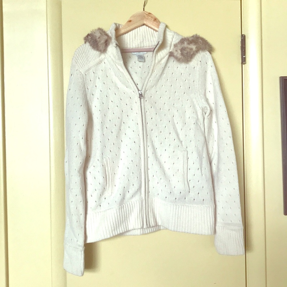 Banana Republic wool sweater with faux fur trim.